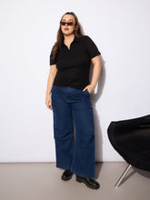 Women Black Rib Front Zipper Polo Neck Top